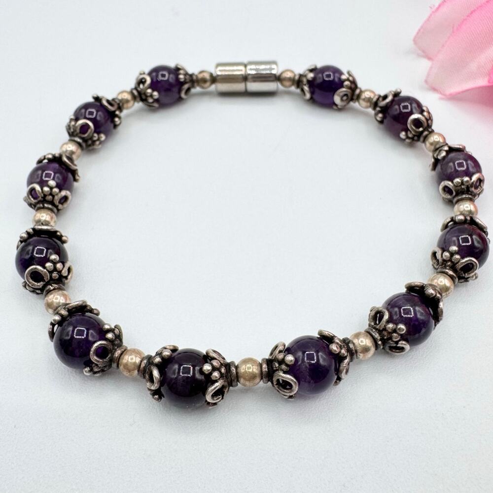 Deep Purple Amethyst Bead Silver Accent Bracelet Magnetic Clasp Gemstone Tested